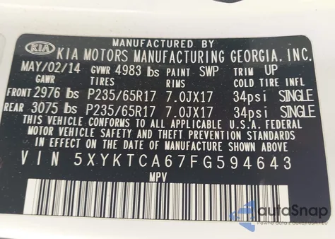 2015 Kia Sorento Lx из США, поврежденный, VIN 5XYKTCA67FG594643